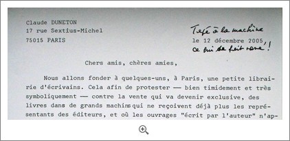 Lettre du 12 décembre 2005, où Claude lance le projet de la Lucarne des écrivains